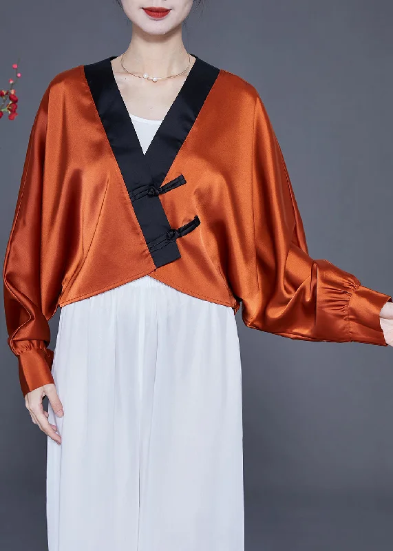 Advanced Customization Art Caramel Oversized Patchwork Chinese Button Silk Shirt Spring