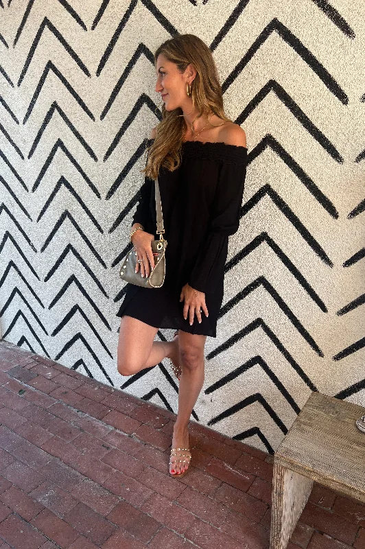 Printed Patterns Laguna Smocked Off the Shoulder Dress Black