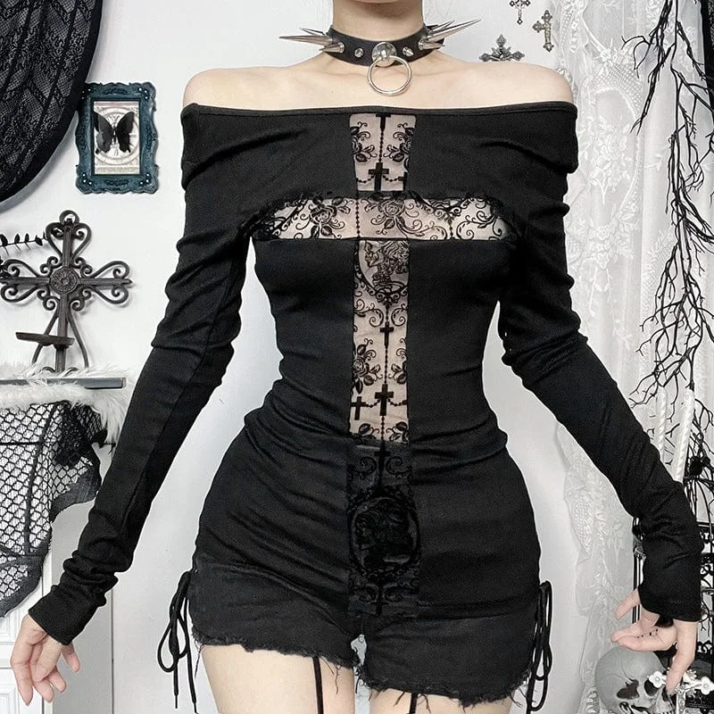 High-quality Styles Women's Gothic Lace Cross Long Sleeved Shirt