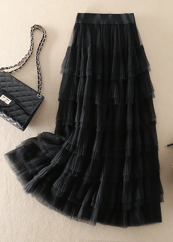 Breathable Design Organic Black elastic waist wrinkled Tulle Skirts Spring