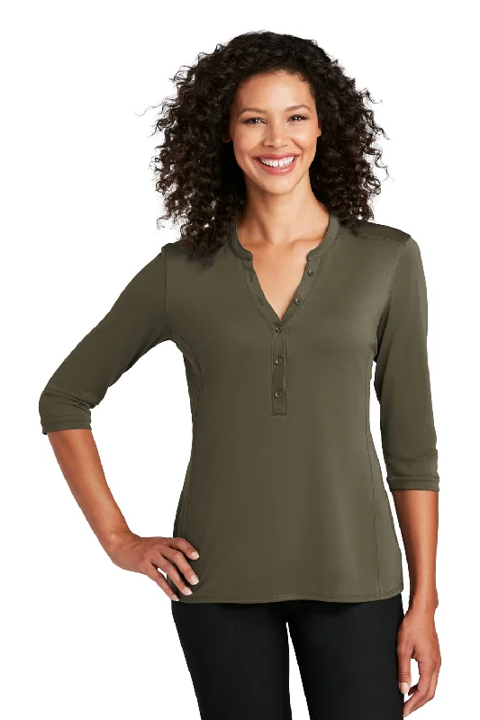 High Street Design Port Authority Womens Moisture Wicking 3/4 Sleeve Polo Shirt - Deep Olive Green High Street Design Port Authority Womens Moisture Wicking 3/4 Sleeve Polo Shirt - Deep Olive Green