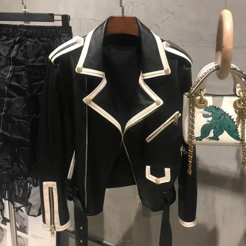 Fresh And Fashionable Black Genuine Leather White Trim Moto Jacket