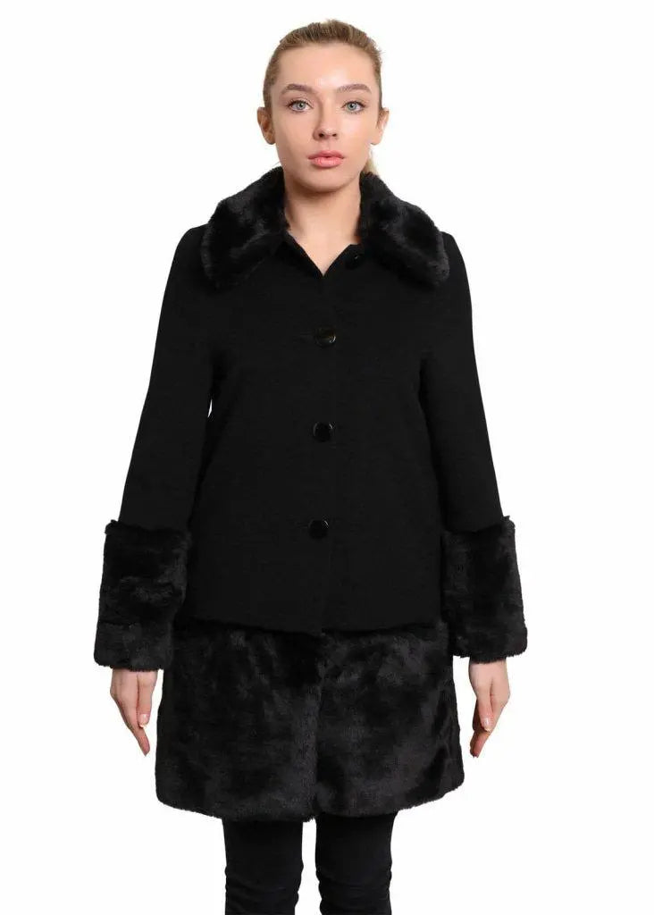 Fashion Style De La Creme - Womens Faux Fur Trim Wool Mix Coat