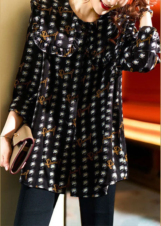 Cute Design Fashion Black Ruffled Print Patchwork Chiffon Shirt Top Spring