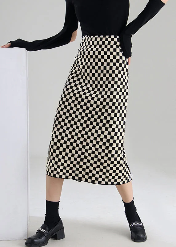 French Style Vintage Black Chocolate Plaid high waist a line skirts Spring