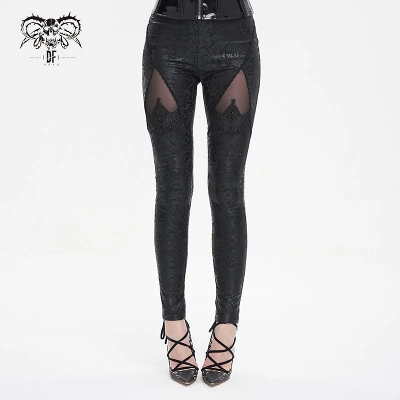 Sweet Style Women's Gothic Floral Embroidered Mesh Splice Leggings