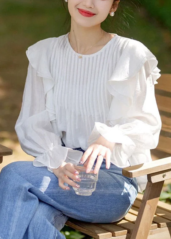 Street Cool Stylish White O-Neck Ruffled Patchwork Chiffon Shirts Spring
