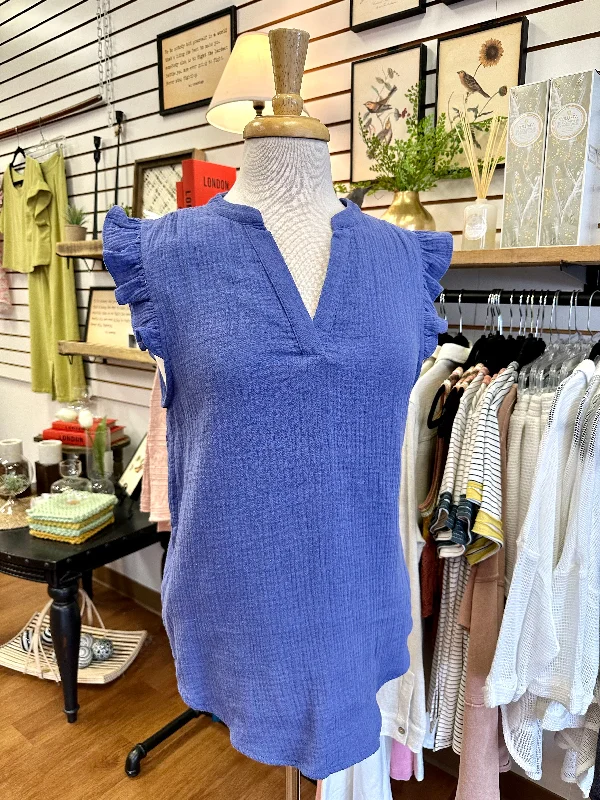 Classic Retro Blue Ruffle Shoulder Tank Top | Boutique Elise | Bethany
