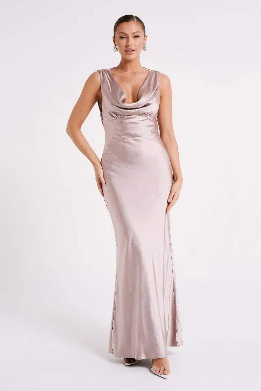 Modern Tailoring Angelique Satin Cowl Back Maxi Dress - Taupe