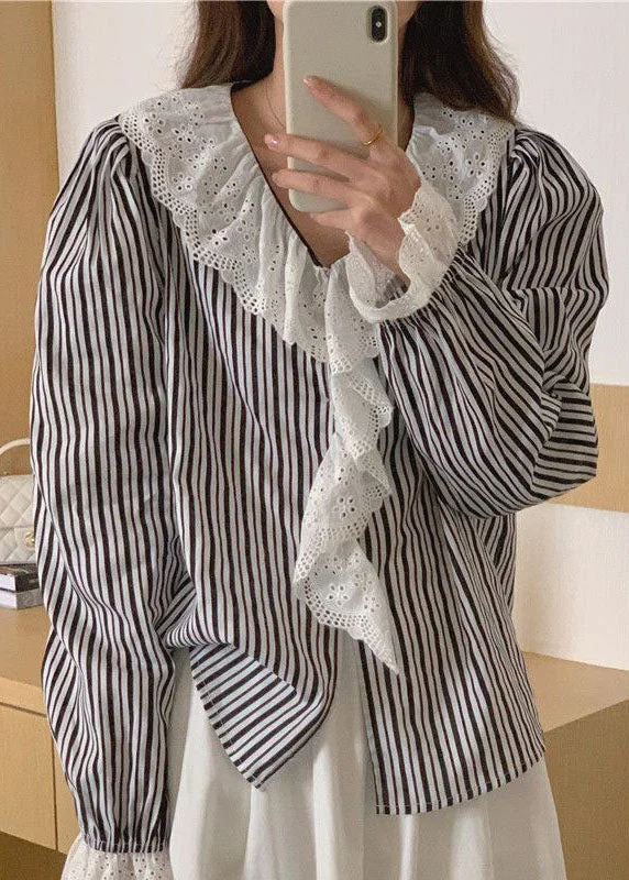 Trendy And Casual Cute Striped Ruffled Patchwork Cotton Shirts Top Long Sleeve