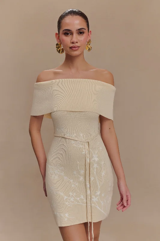 Fashionable Prints Mallory Off Shoulder Embroidered Knit Mini Dress - Cream And Ivory