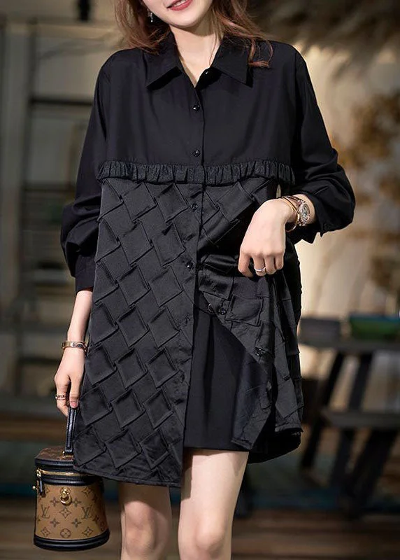 Fashion Innovation Women Black Peter Pan Collar Wrinkled Patchwork Cotton Shirt Top Spring Fashion Innovation Women Black Peter Pan Collar Wrinkled Patchwork Cotton Shirt Top Spring