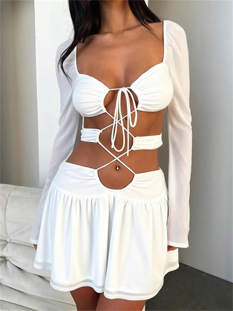 New Season Series Solid Criss-Cross Tie-Up Long Sleeve Mini Dresses