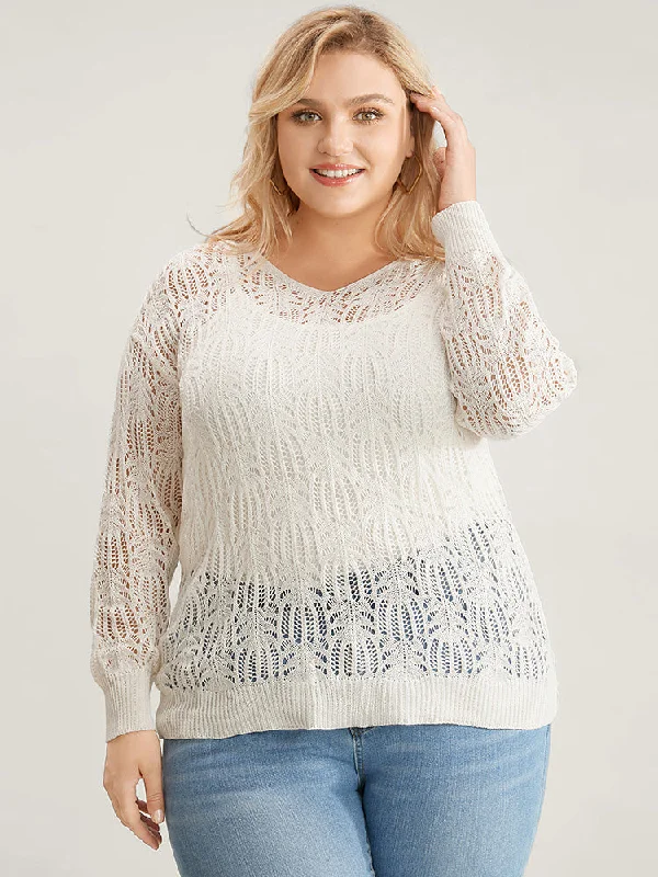 British Style Plain Ice Rayon Yarn V Neck Geometric Eyelet Knit Top