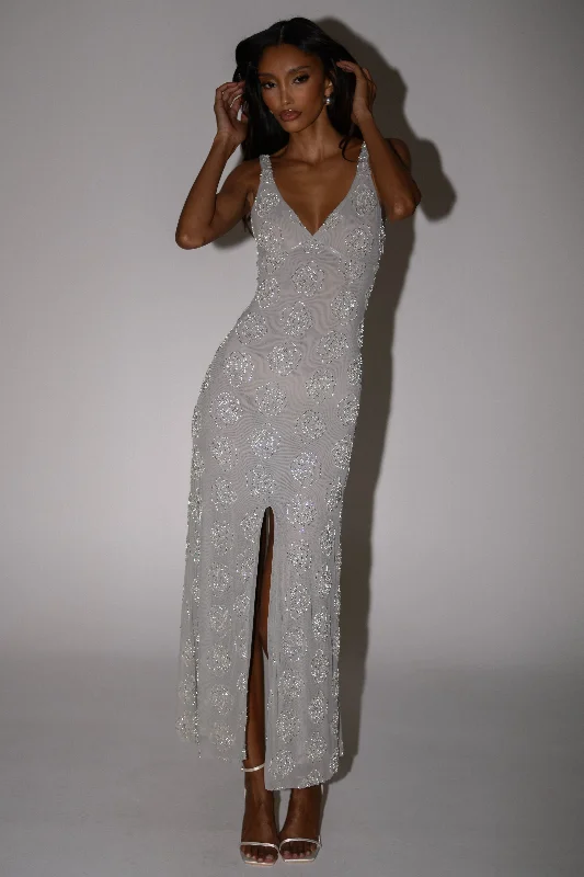 Fashionable In The Times Nylah Rose Beaded Maxi Dress - Silver
