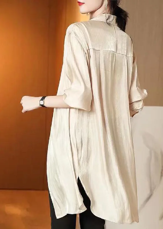 French Style Modern Apricot Oversized Side Open Draping Chiffon Long Shirt Spring