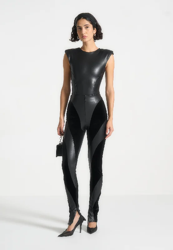 Autumn Selection Leather and Velour Contour Leggings - Black