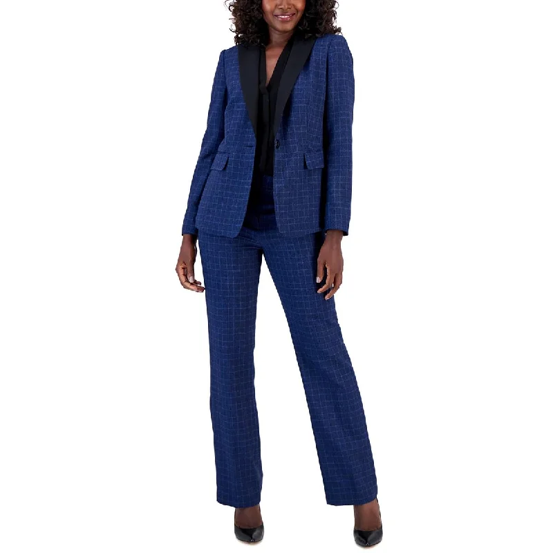 Bright Colors Le Suit Womens Petites Window Pane Contrast Trim One-Button Blazer