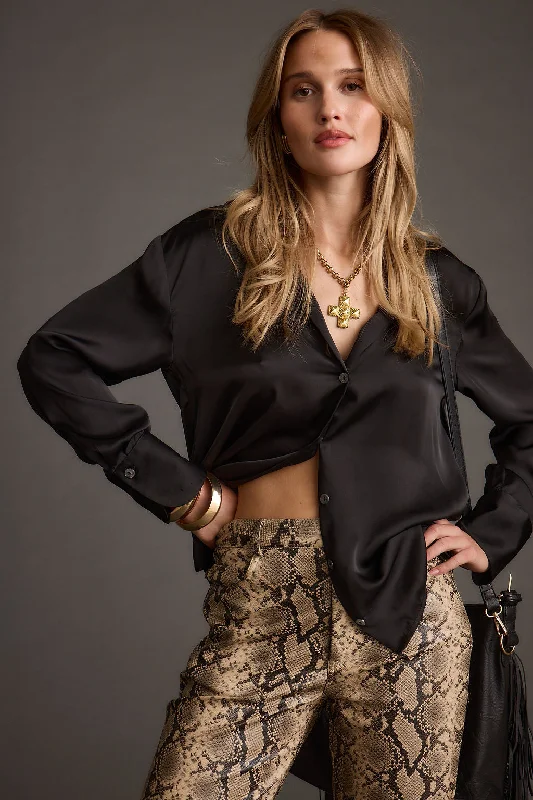 Exquisite Design Cash Black Satin Button Down Top