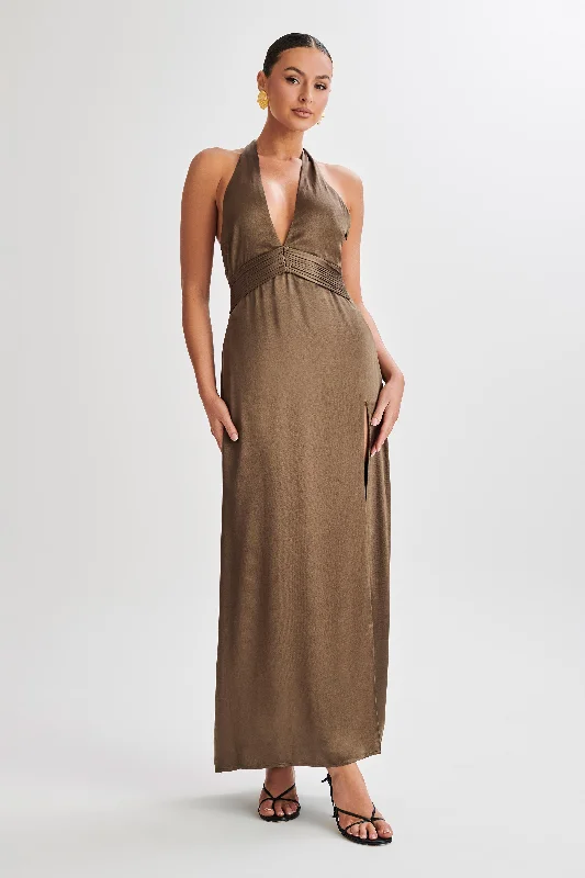 Romantic Data Milana Halter Maxi Dress - Khaki