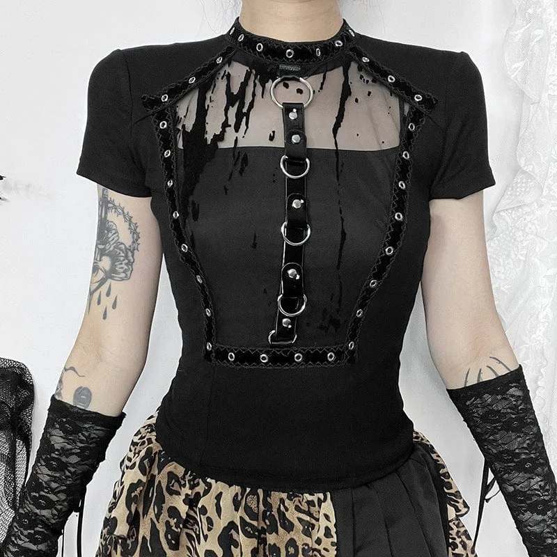 Fashionable And Fashionable Women's Gothic Eyelet Strap Splice Mesh Shirt