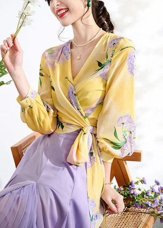 Artistic Temperament Elegant Yellow V Neck Wrinkled Print Patchwork Chiffon Top Spring Artistic Temperament Elegant Yellow V Neck Wrinkled Print Patchwork Chiffon Top Spring