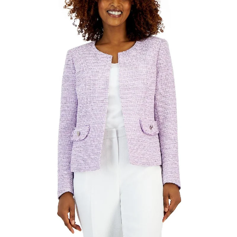 Classic Retro Kasper Womens Tweed Long Sleeves Collarless Blazer
