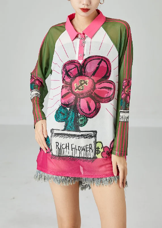 Sports Fashion Bohemian Colorblock Peter Pan Collar Print Tulle UPF 50+ Top Summer