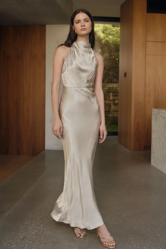 Elegant And Charming Esther Iridescent Satin Cowl Maxi Dress - Gold
