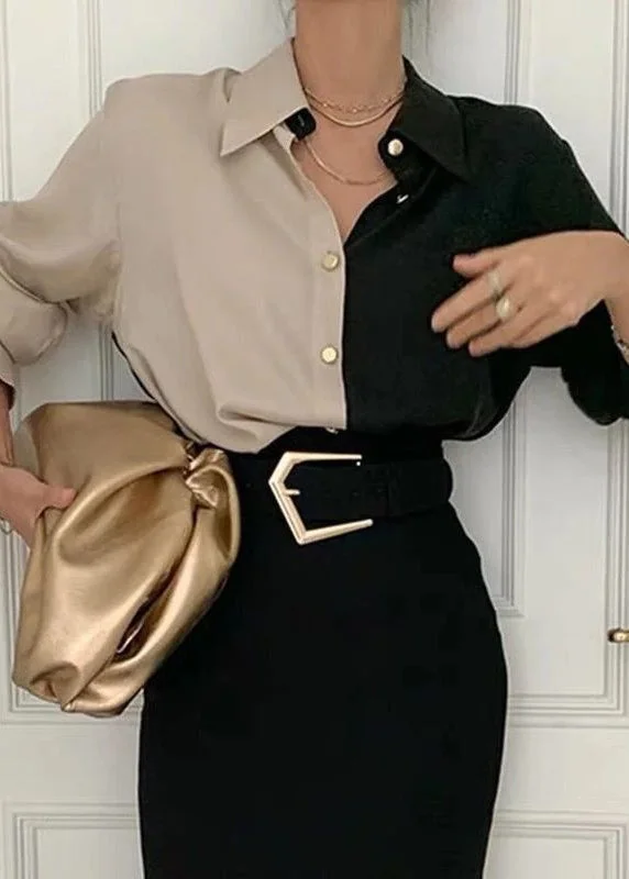 Spring Fashion French Colorblock Peter Pan Collar Patchwork Chiffon Shirt Tops Spring