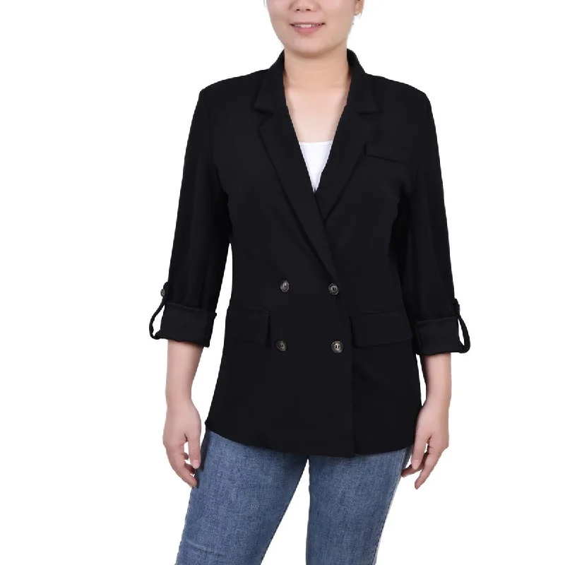Embroidered Letters NY Collection Womens Petites Knit Long Sleeves Two-Button Blazer