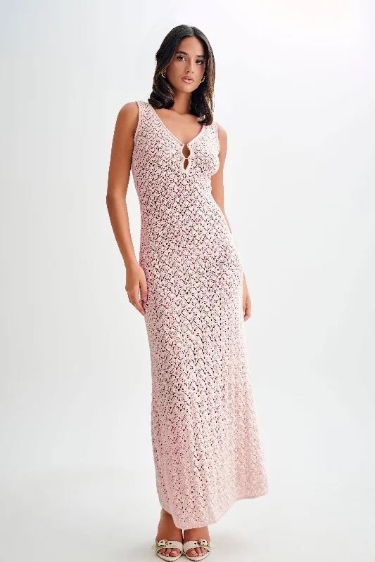 French Style Carter Crochet Sleeveless Maxi Dress - Powder Pink