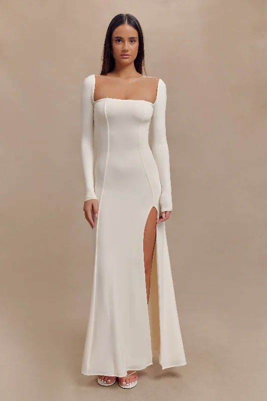 Youthful Street Fashion Desirie Slinky Long Sleeve Maxi Dress With Split - Ivory