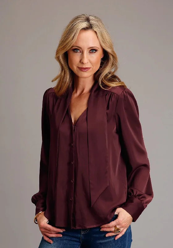 Tropical Style Stetson Womens V-Neck Satin Wine Poly/Rayon L/S Blouse