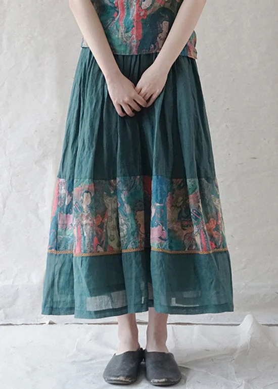 Fashionable And Versatile Retro Green elastic waist drawstring print Patchwork Linen Skirt Spring