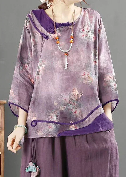 Must-have For Autumn And Winter Chinese Style Purple O Neck Button Print Patchwork Linen Top Summer Must-have For Autumn And Winter Chinese Style Purple O Neck Button Print Patchwork Linen Top Summer