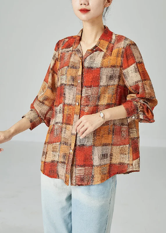 New Season Series French Orange Peter Pan Collar Plaid Cotton Blouse Top Spring