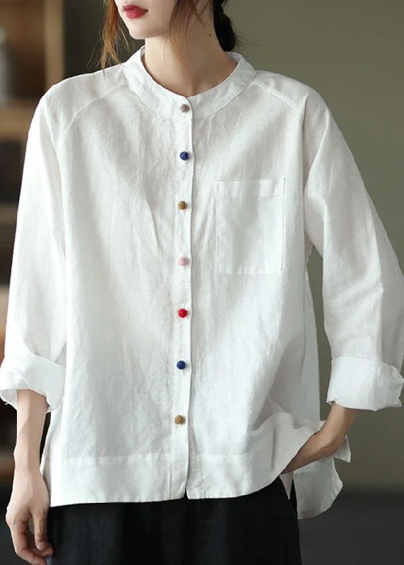 New Season Series Modern White Loose Patchwork Pockets Fall Long Sleeve Blouse Top