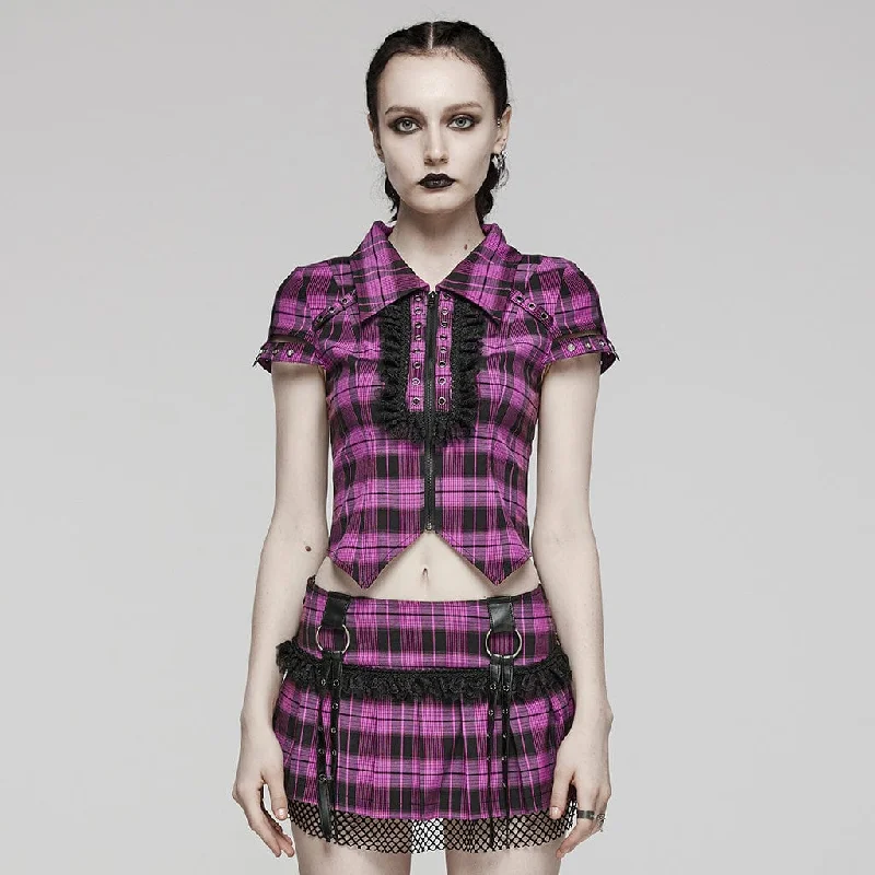 Street Charm Women's Grunge Plaid Eyelet Lace Short Sleeved Shirt