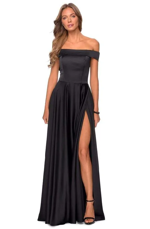Urban Style La Femme - Off Shoulder Satin A-Line Dress 28978SC - 1 pc Black In Size 18 Available Urban Style La Femme - Off Shoulder Satin A-Line Dress 28978SC - 1 pc Black In Size 18 Available