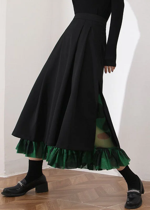 Tropical Style Modern Black Cinched Patchwork side open Skirt Spring