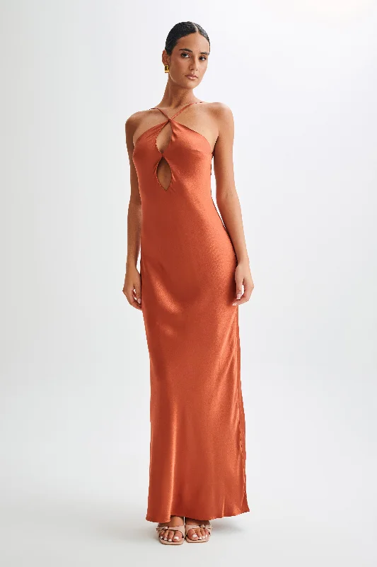 Classic And Versatile Lucia Satin Cut Out Maxi Dress - Burnt Orange