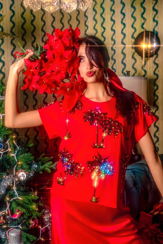 High-end Customization Red Multi Christmas Light Palm Tree Tee