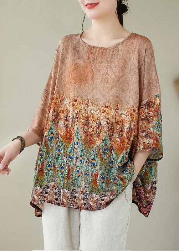 Refreshing Design Apricot O-Neck Linen T Shirt Long Sleeve