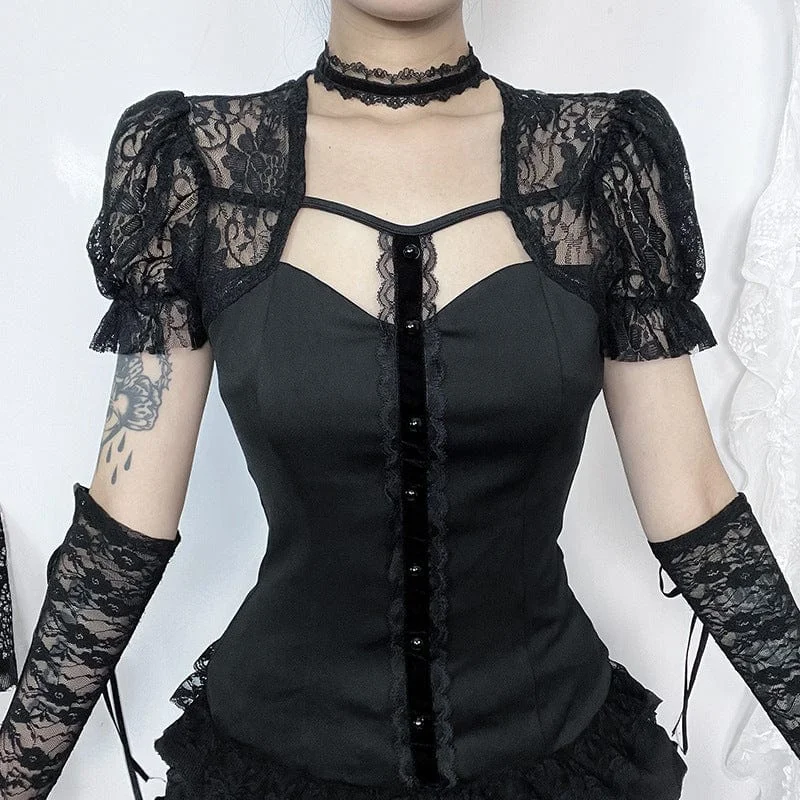 Street Charm Women's Gothic Puff Sleeved Lace Splice Shirt