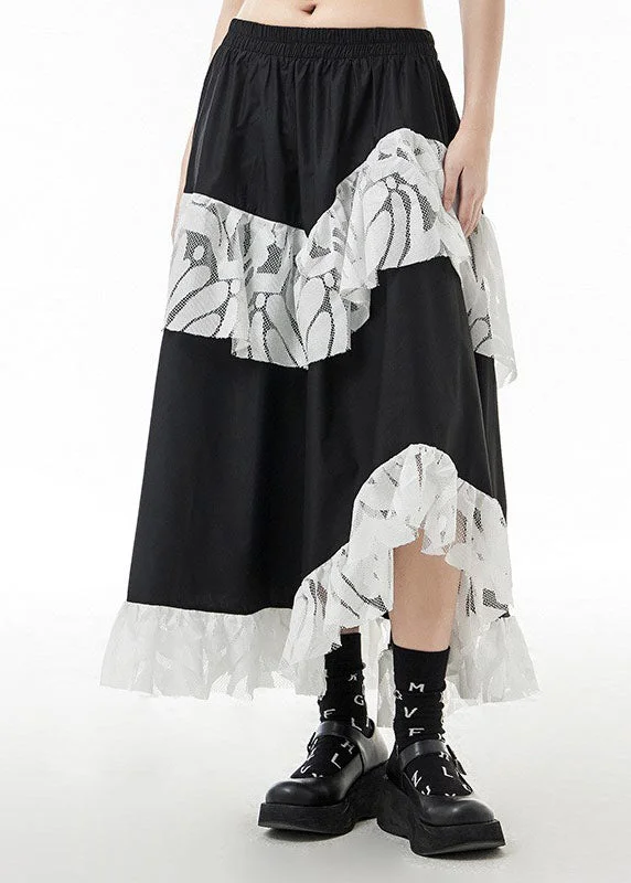Fashionable Prints Fashion Black elastic waist Lace Patchwork Skirts Spring