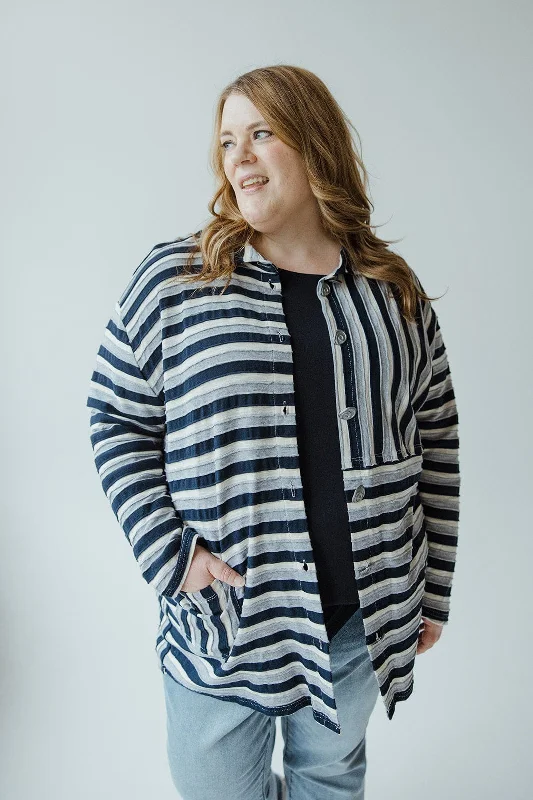 Youthful Vitality VARYING STRIPE BUTTON-UP BLOUSE IN NAVY