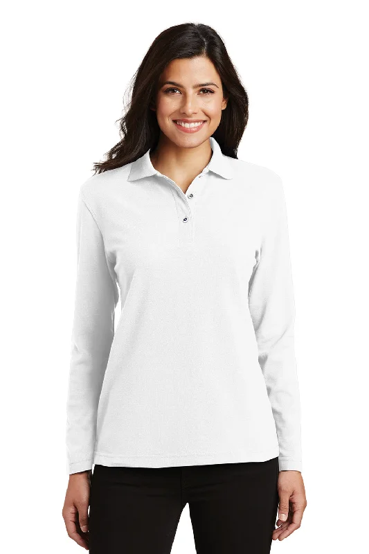 Personalized Design Port Authority Womens Silk Touch Wrinkle Resistant Long Sleeve Polo Shirt - White Personalized Design Port Authority Womens Silk Touch Wrinkle Resistant Long Sleeve Polo Shirt - White