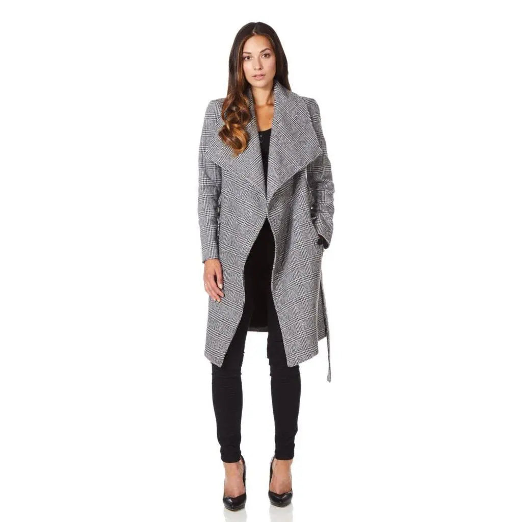 Classic Style De La Creme - Womens Prince Of Wales Check Large Lapel Duster Coat