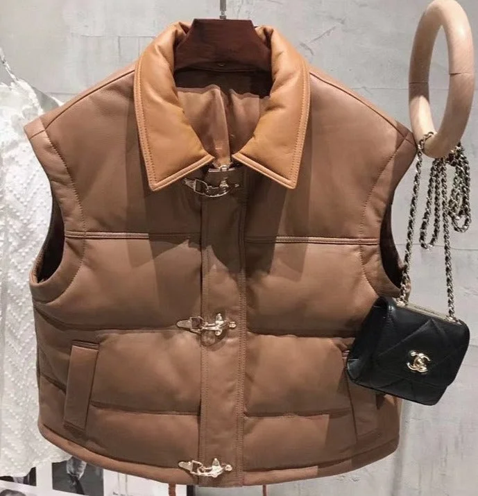 High-end Fashion Genuine Leather  Sleeveless Duck Down Crop Jacket